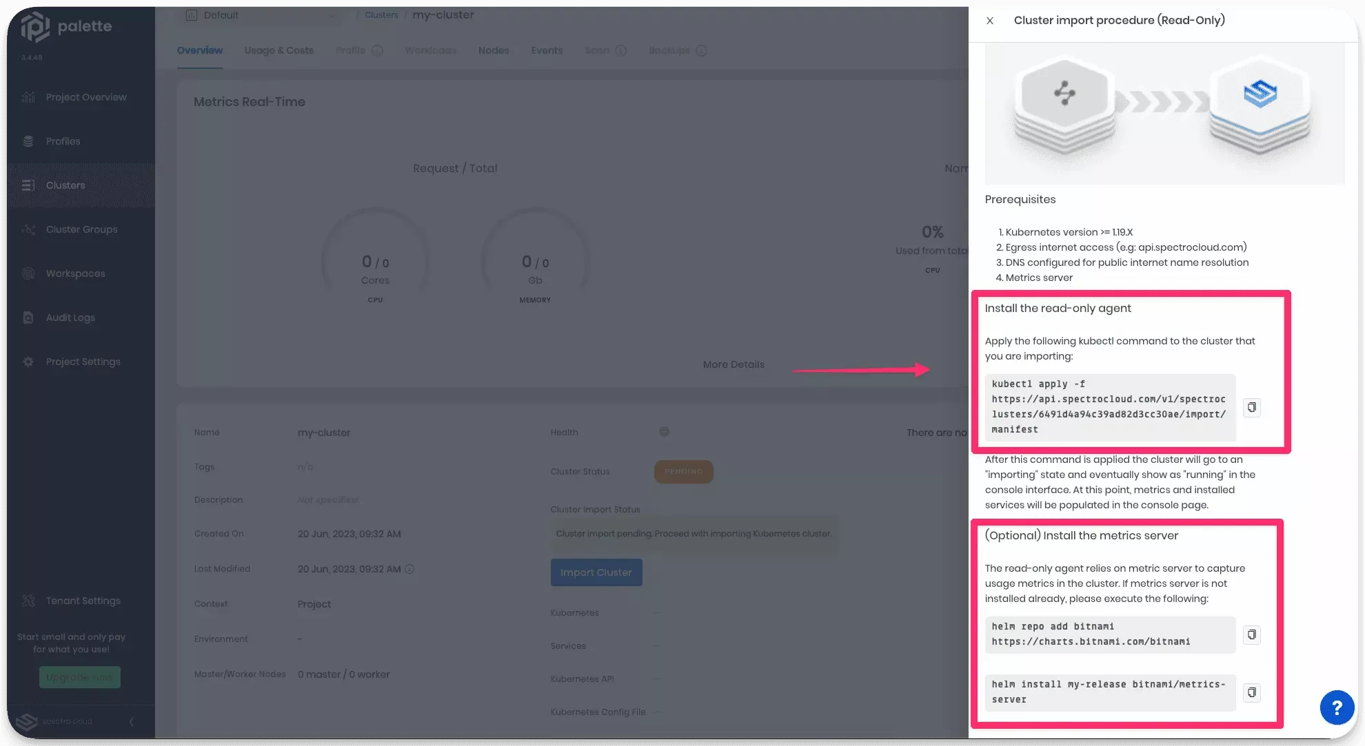 A view of the cluster details page with the sidebar instructions box