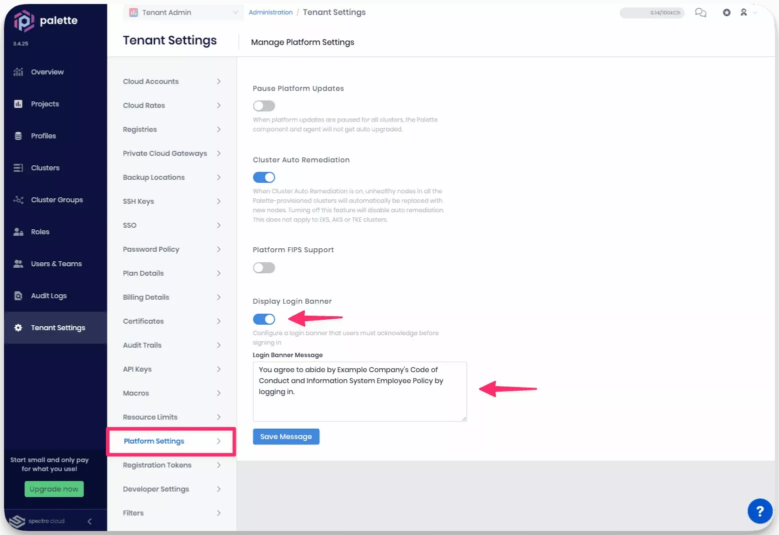 A view of the tenant settings platform page with an example login banner message.